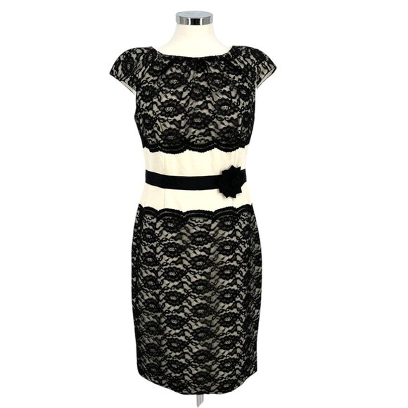 Jax Lace Sheath Dress With Cap Sleeves Floral Waist Detail Black Ivory Size 12 - Picture 1 of 12